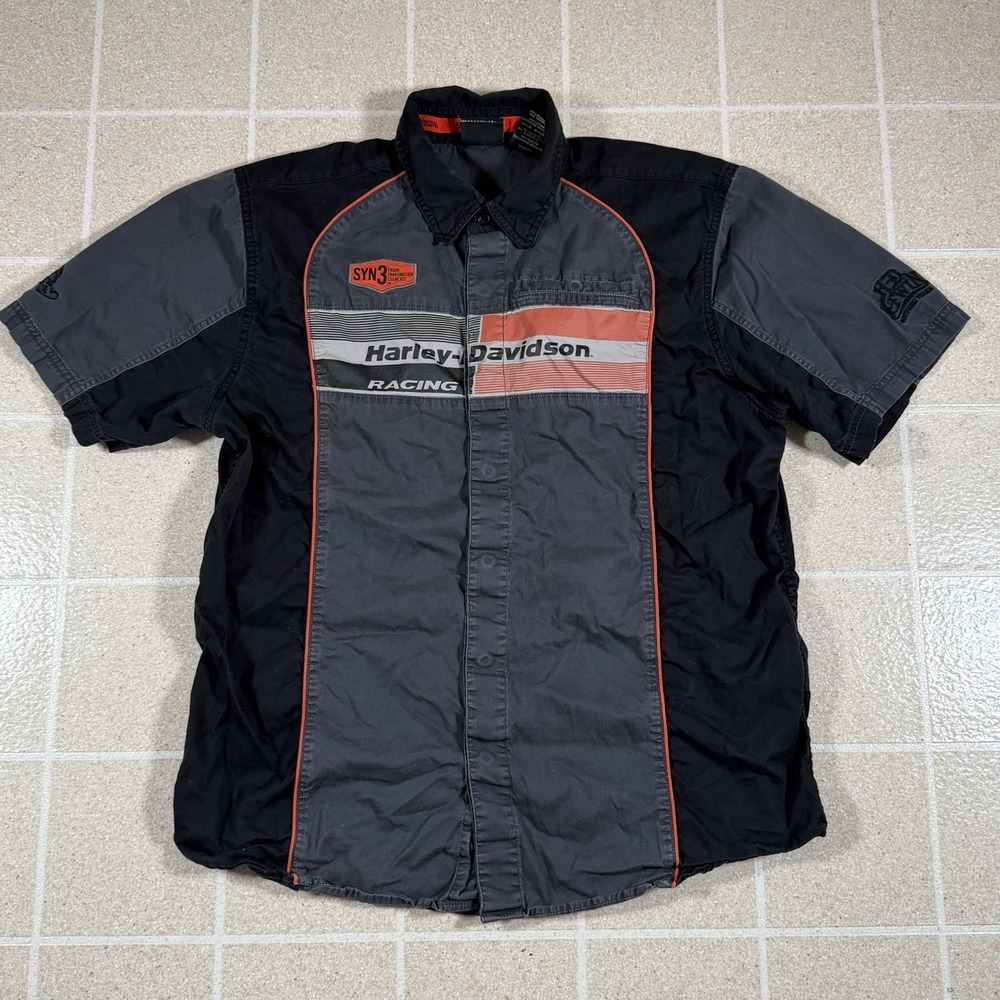 Harley-Davidson Racing Button-Up Shirt Short Sleeve Black Mechanic Sz L